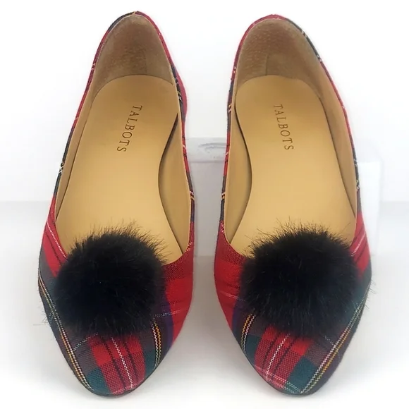Talbots Edison Tartan Plaid Faux Fur Pom Pom Flats 8.5 - Picture 3 of 15
